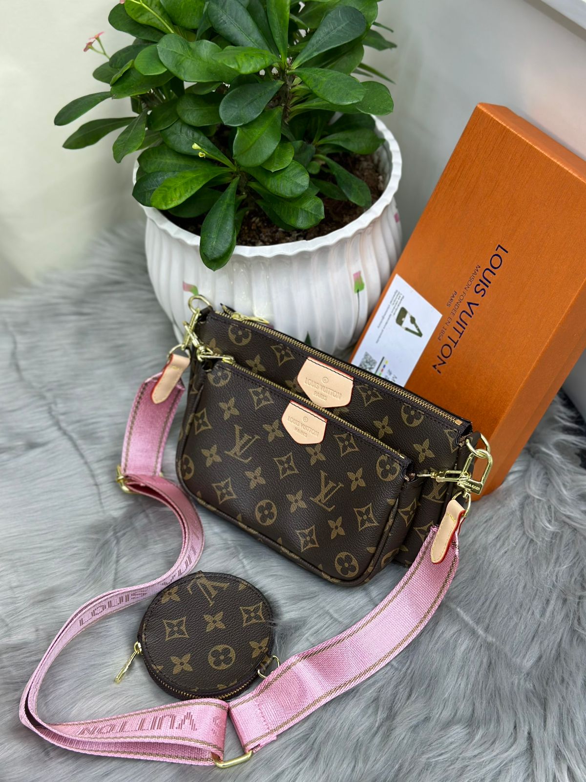 Louis Vuitton Monogram Multi Pochette crossbody bag with soft pink strap