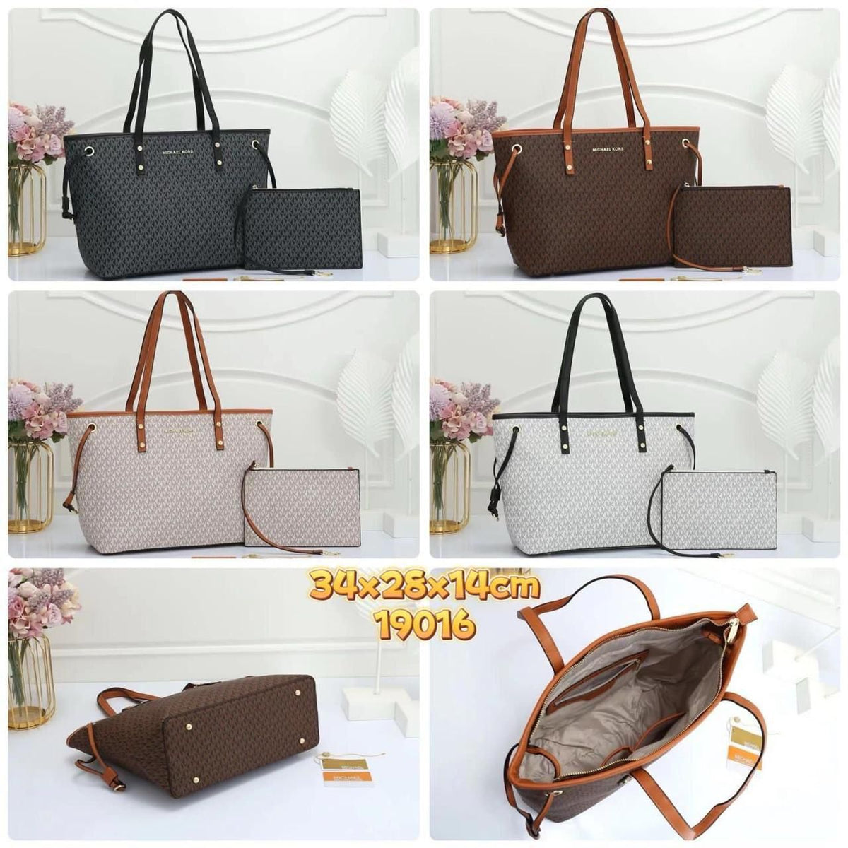 Michael Kors signature monogram tote bag with matching wristlet pouch set in brown, black, cream, and white by Aone Brands Dubai