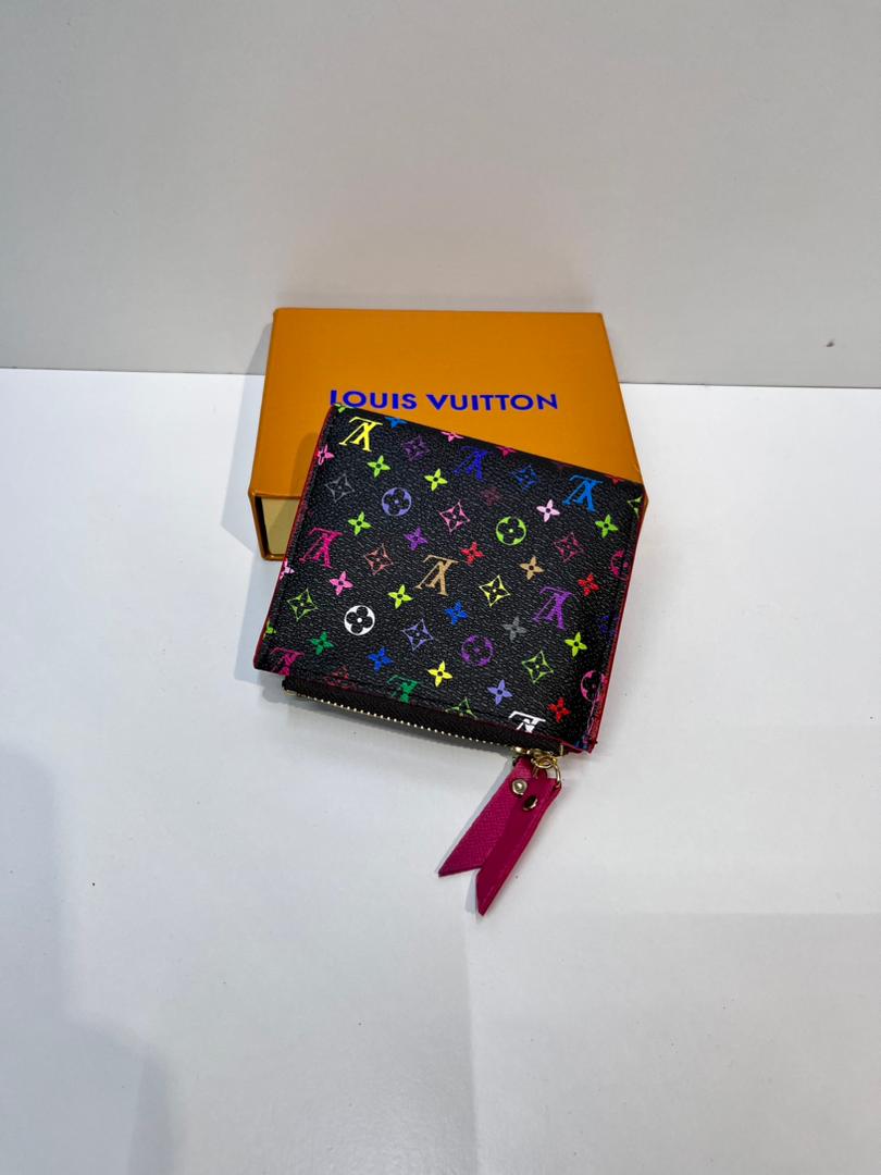 Multicolour monogram women’s wallet with pink wrist strap