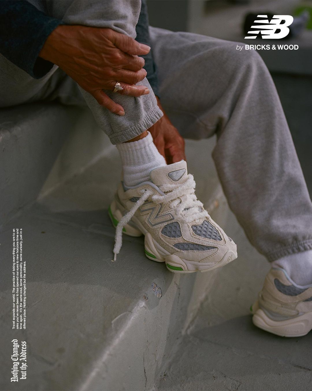 New Balance 9060 cream and grey sneakers lifestyle view