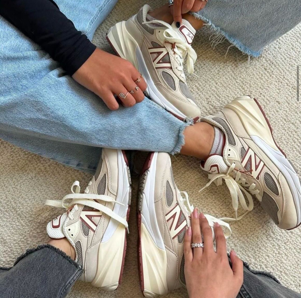 Beige New Balance sneakers styled with casual outfits