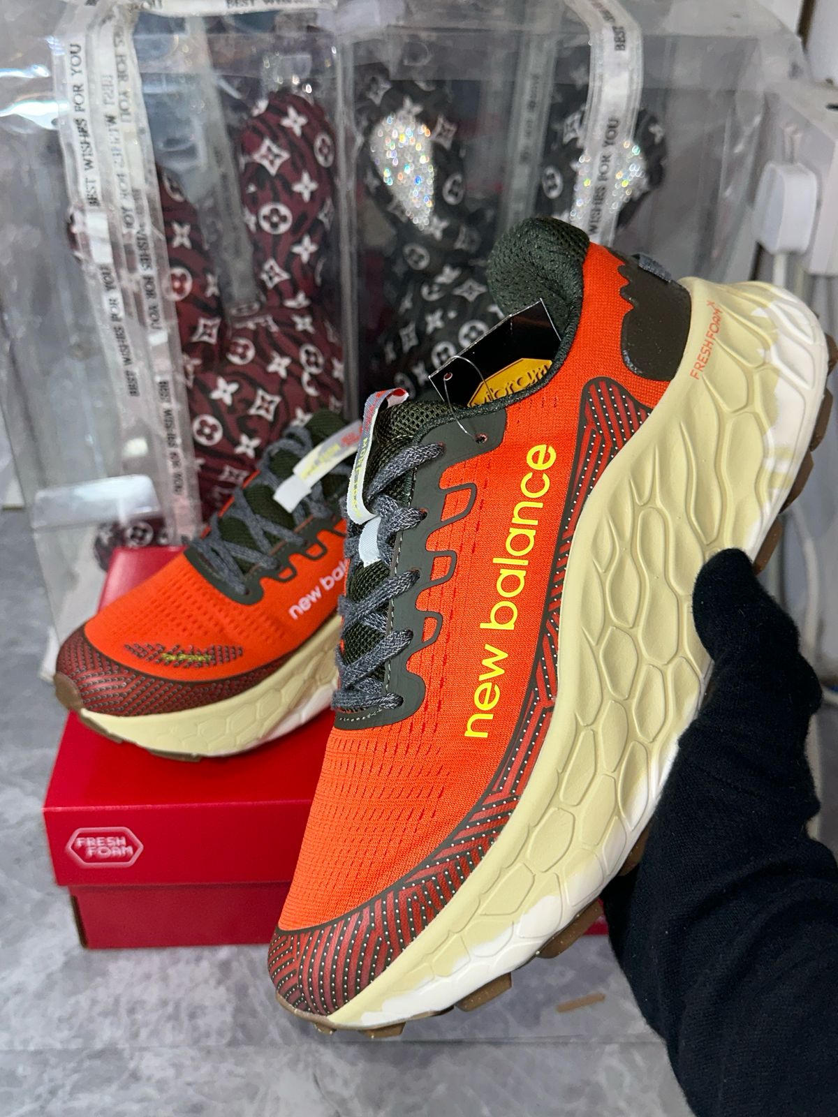 New Balance Fresh Foam X Hierro v7 orange olive men's shoes at Aone Brands Dubai