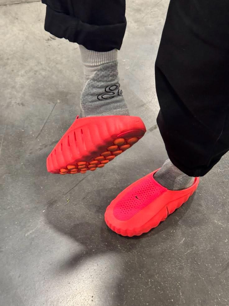 Nike Mind 001 Solar Red Hyper Crimson unisex mules on feet