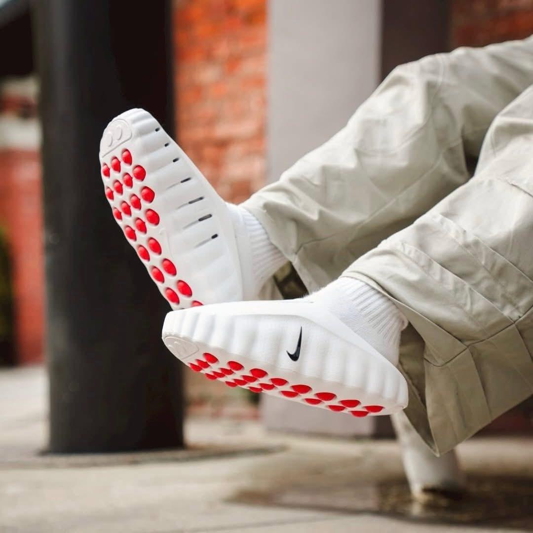 Nike Mind 001 White Speed Red unisex mules on feet