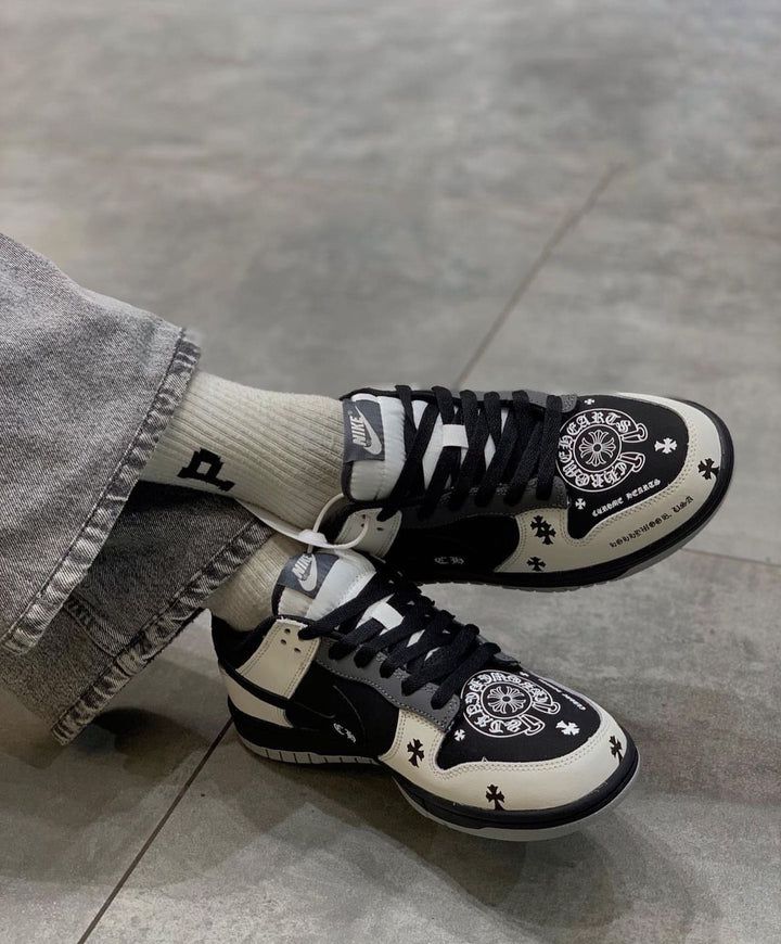 Nike SB Dunk Low Chrome Hearts custom black cream sneakers on feet