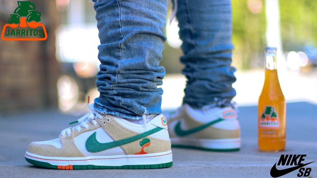 Nike SB Dunk Low x Jarritos green cream sneakers on feet