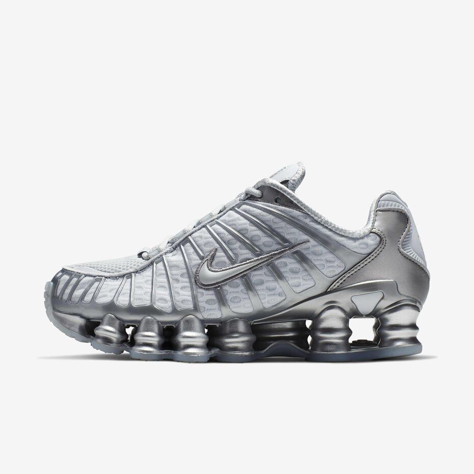 Profile view of Nike Shox TL White and Metallic Silver shoe