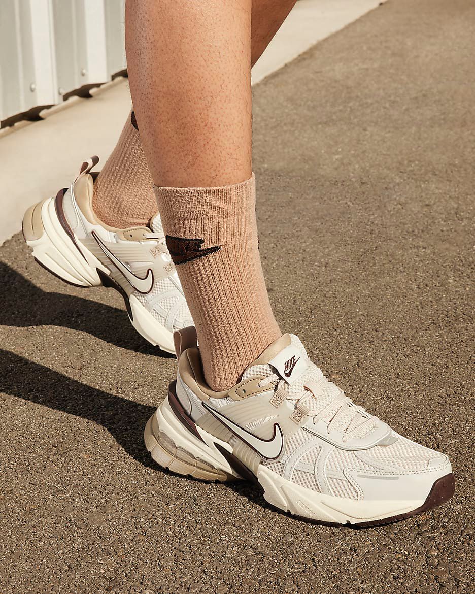 Nike V2K Run cream beige sneakers on feet