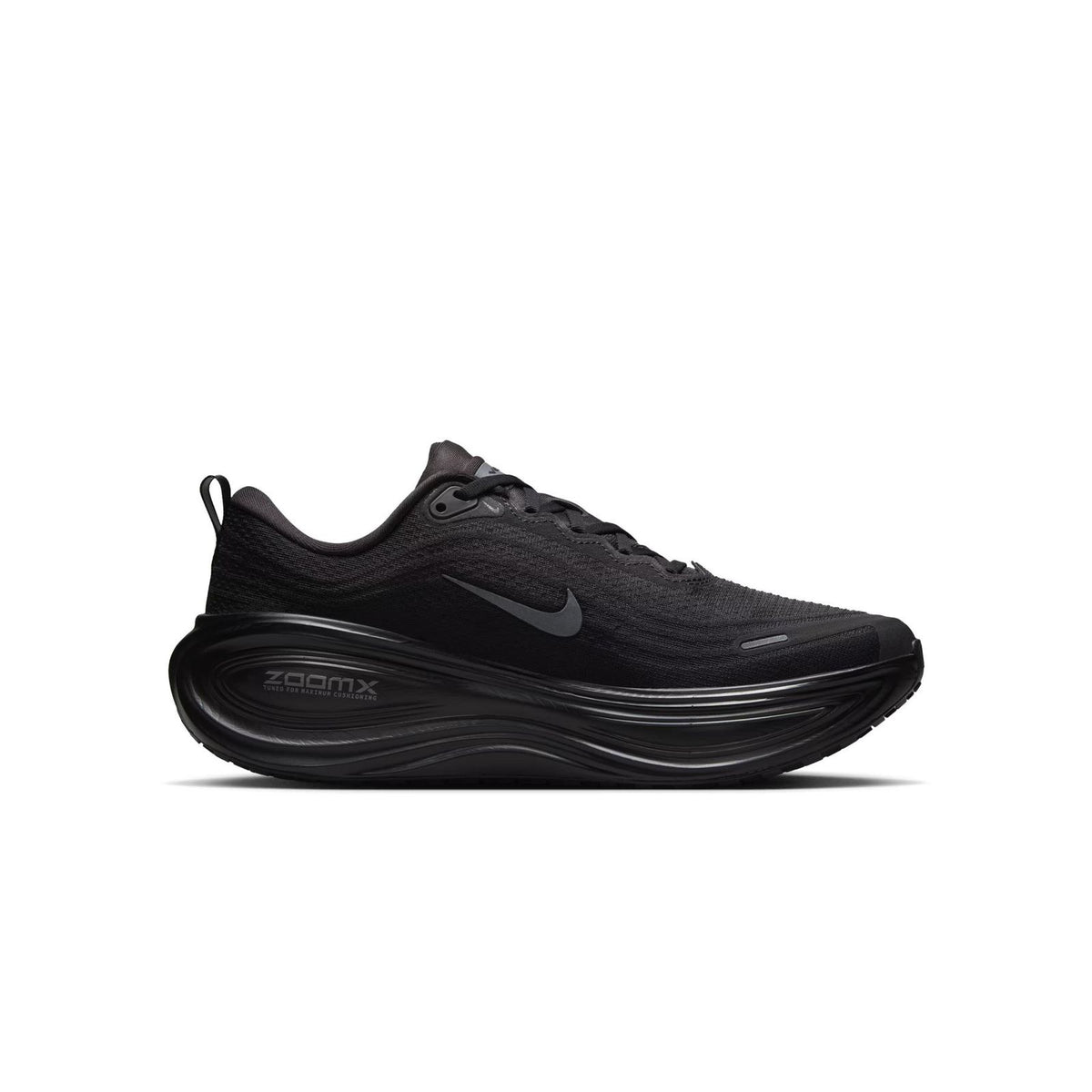 Side profile of Nike Vomero black running shoe