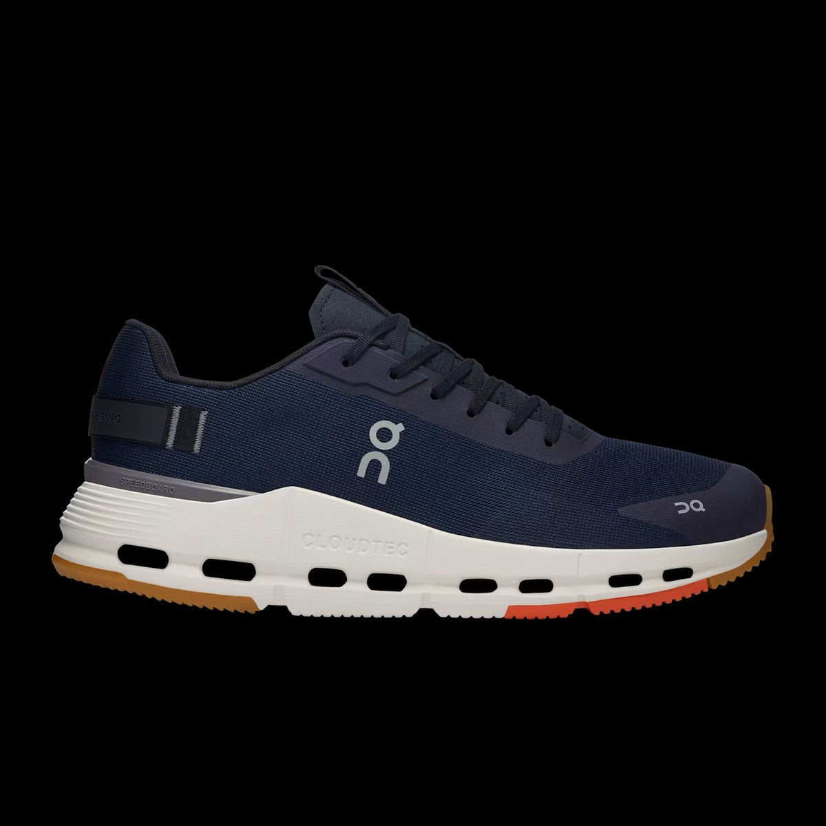 Side profile of On Cloudnova Navy White sneaker