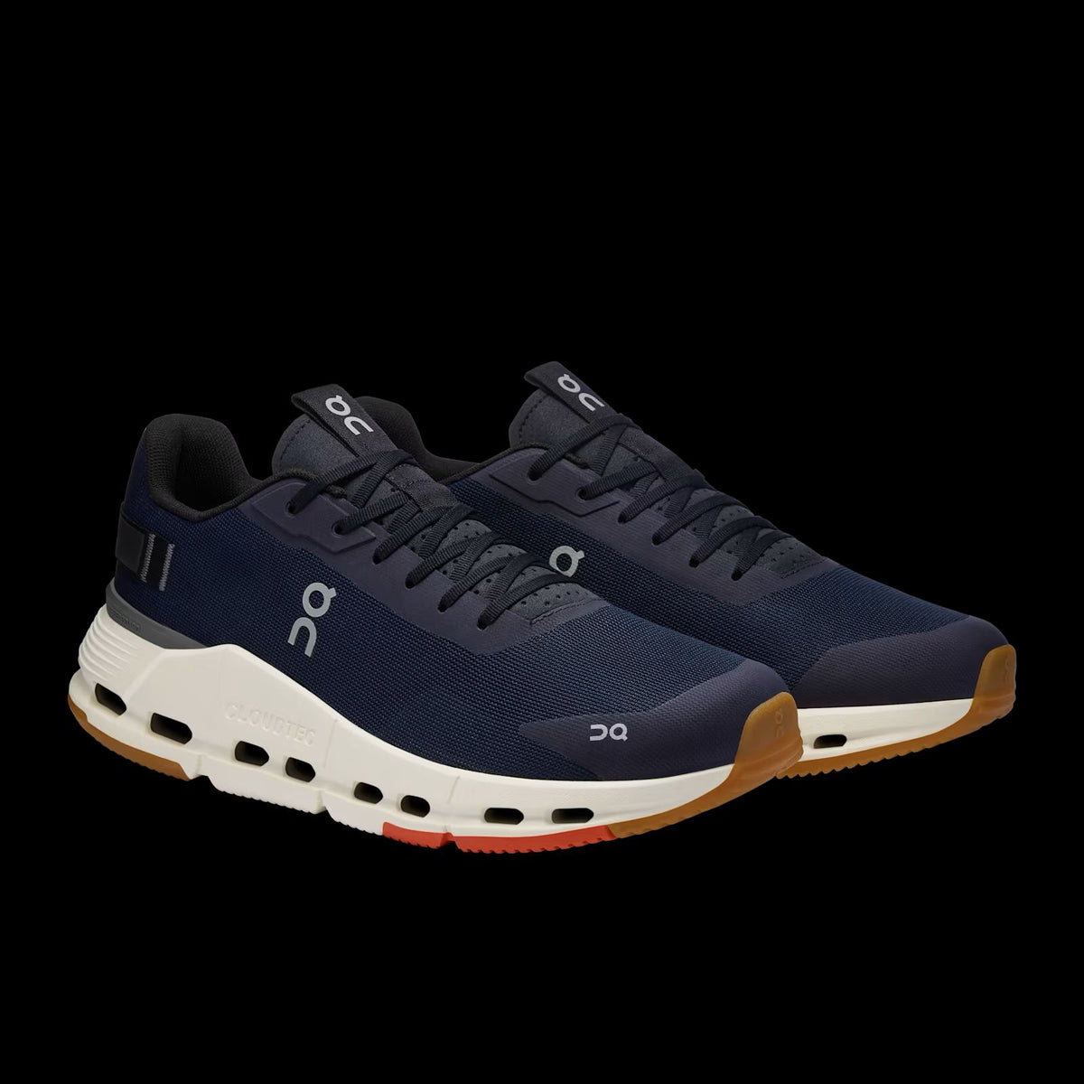 Angled view of On Cloudnova Navy White shoe