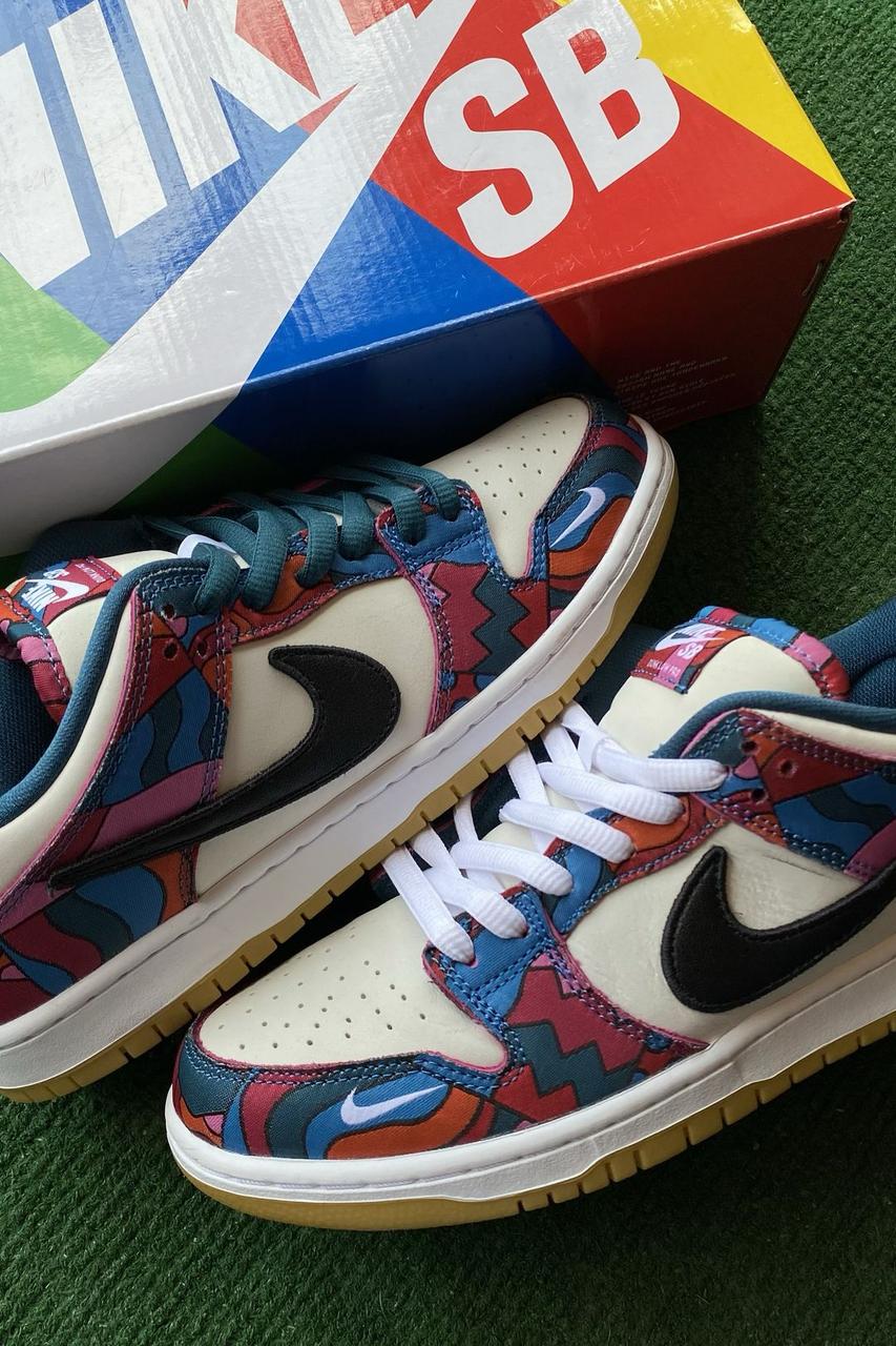 Side-angle view of Parra Nike SB Dunk Low shoes