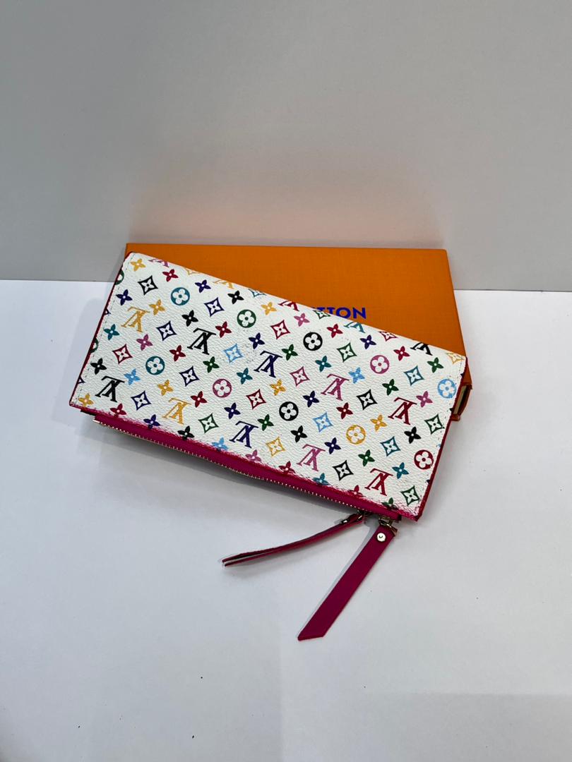 White multicolour women’s zip wallet with red wrist strap