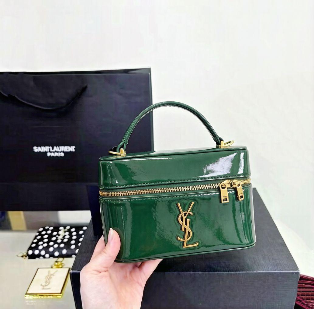 Burgundy red YSL leather vanity case bag with top handle