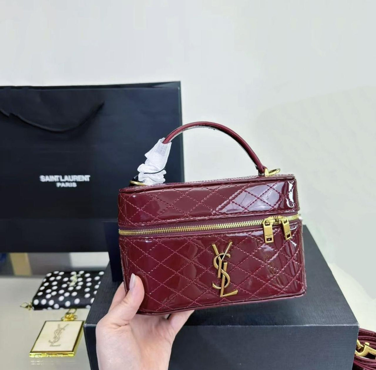 Dark green YSL leather vanity case bag with gold metal logo