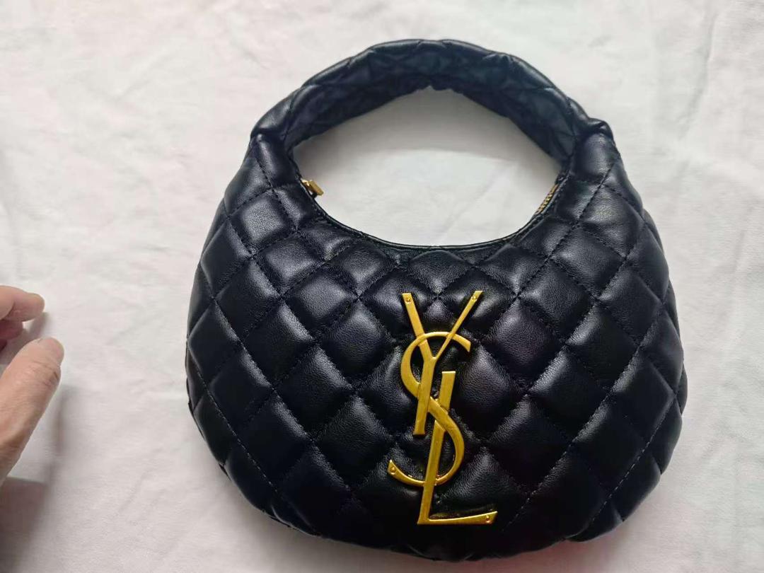Classic black YSL quilted leather mini hobo handbag with gold logo