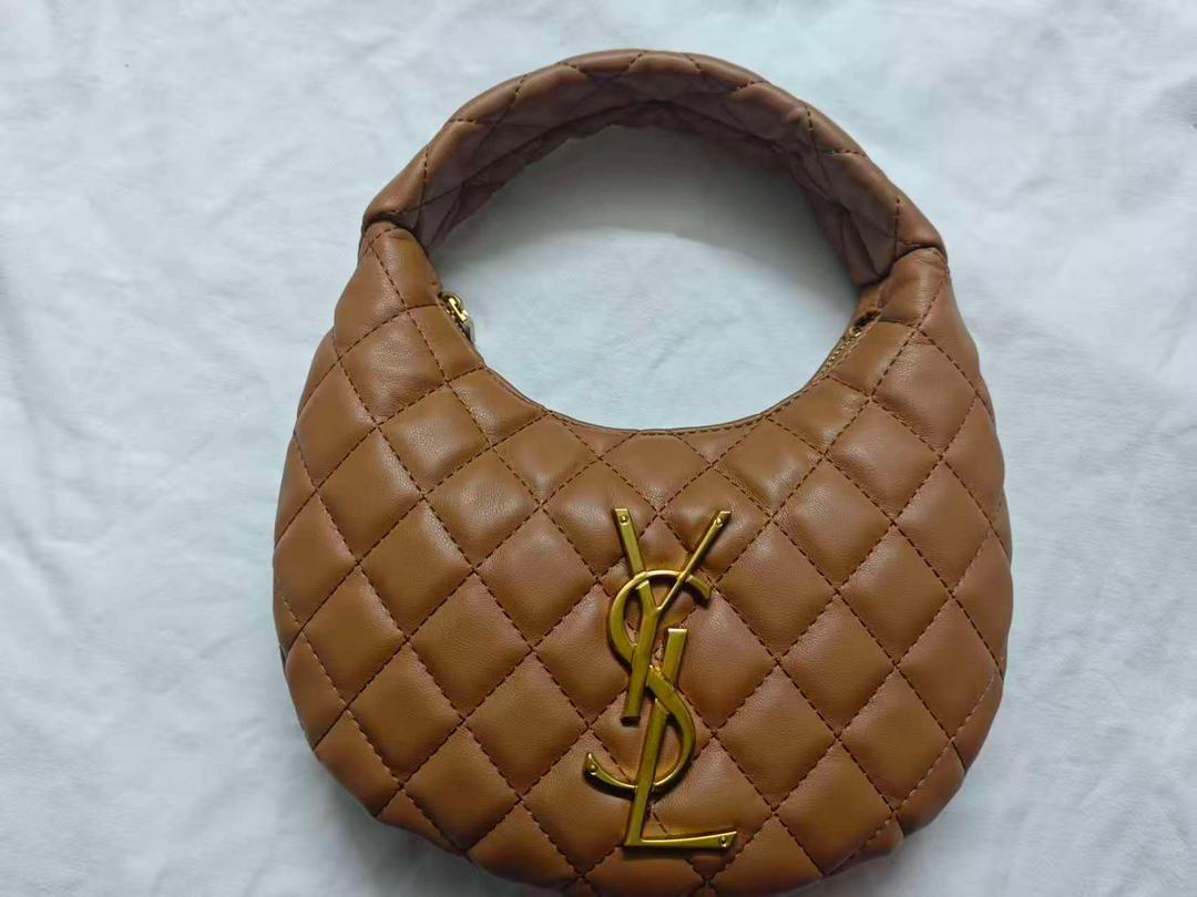 Caramel tan YSL quilted leather shoulder hobo purse