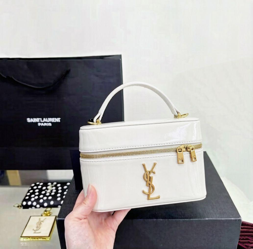 Tan brown YSL leather vanity bag with top handle and gold logo