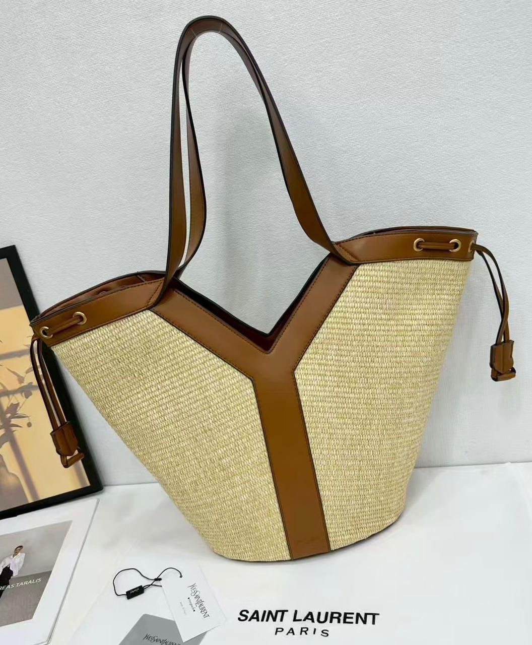 YSL women's tote bag in beige with brown leather style handles
